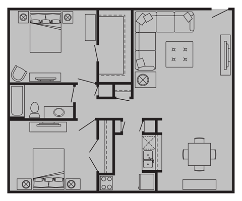 Floor plan for 2 beds, 1 bath, 1040 sqft